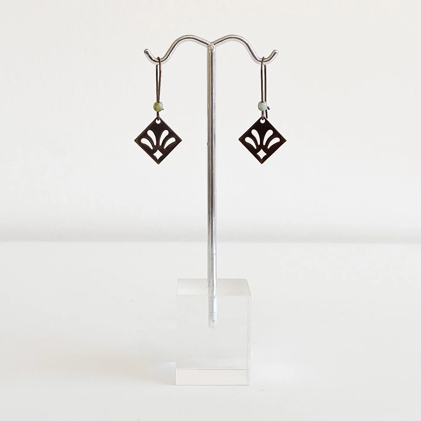 Antique Brass Fleur De Lis Diamond Stencil Drop Earrings - Image 2