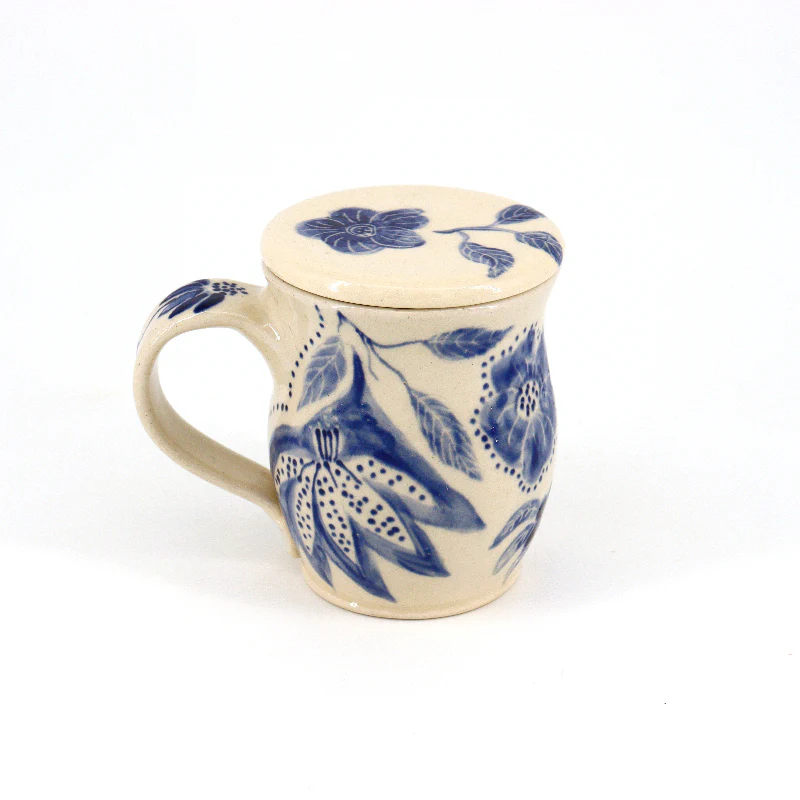 'Blue Floral' Hand Painted Lidded Mug