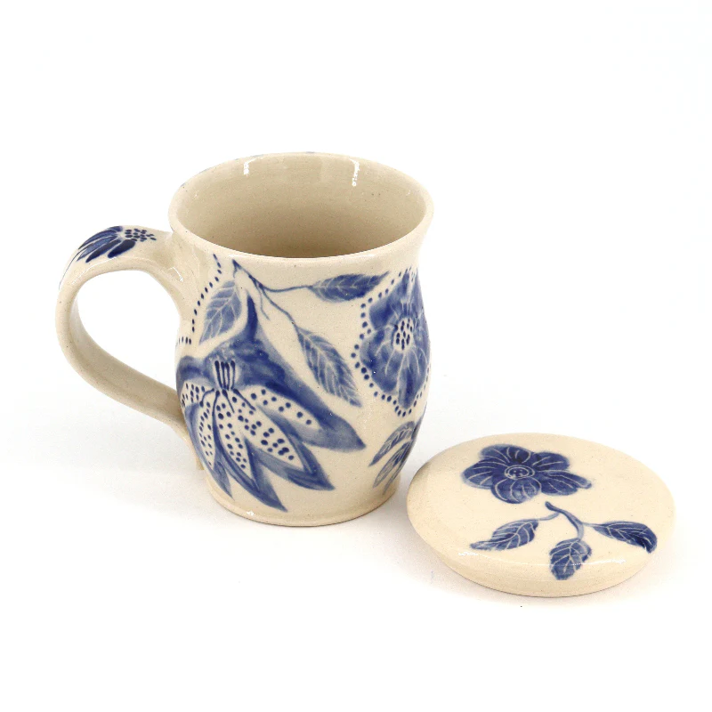 'Blue Floral' Hand Painted Lidded Mug - Image 2