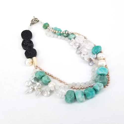 'Pema' Necklace Amazonite, Lava Rock, Pearl