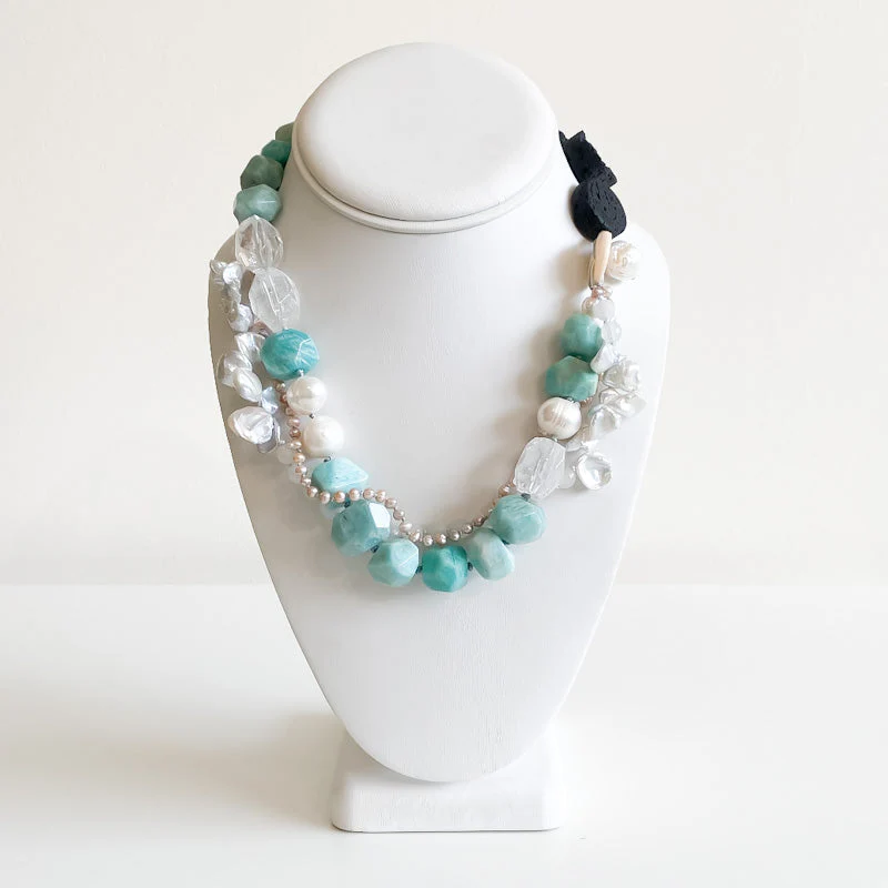'Pema' Necklace Amazonite, Lava Rock, Pearl - Image 2